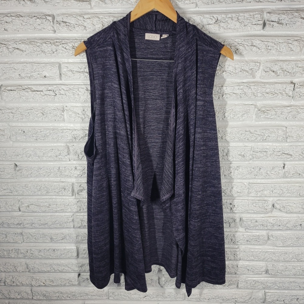LOGO Lori Goldstein Knit Cardigan 3X Plus Blue Marled Sleeveless Open Front